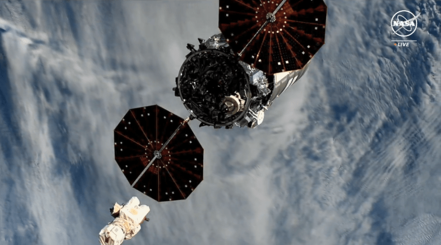 Northrop Grumman's Cygnus space freighter is pictured moments after release from the Canadarm2 robotic arm, ending its five-and-a-half month stay at the International Space Station. Credit: NASA TV
