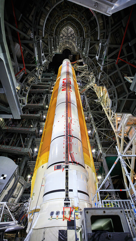 Artemis I boosters and core stage structurally mated in the Vehicle Assembly Building at Kennedy Space Center in Florida. (side view).