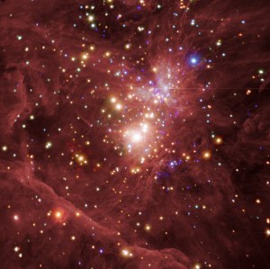 The young star nursery at the heart of the Orion Nebula resembles a dense, stringy, dusty rose cloud, peppered with thousands of glowing golden, white, and blue stars. Layers of cloud around the edges of the image, and a concentration of bright stars at its distant core, help convey the depth of the nebula.