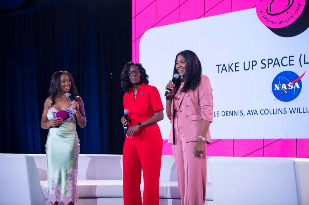 Girls United co-founder Rechelle Dennis, left, introduces NASA Assistant Deputy Associate Administrator for the Moon to Mars Program Office Lakiesha Hawkins, center, and NASA Director of Engagement Aya Collins