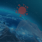 Depiction of Earth from space with data models in the foreground, as well as two Covid-19 viruses.