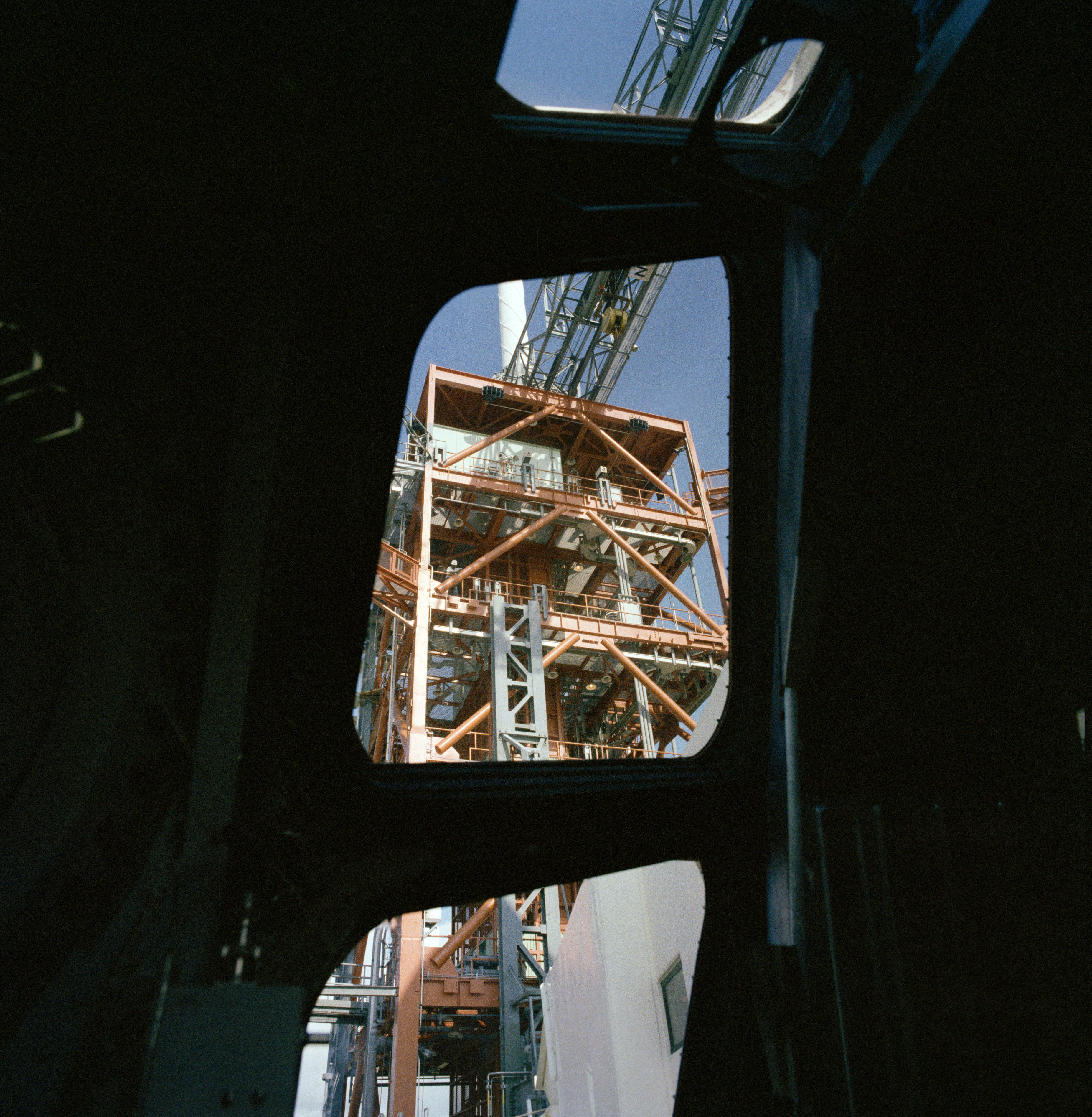 Pilot’s eye view of the launch tower looking up through Enterprise’s forward windows