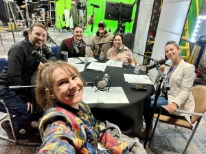 While recording the 7th anniversary podcast episode for Houston We Have a Podcast, all five hosts pose for a selfie. Credit: Leah Cheshier
