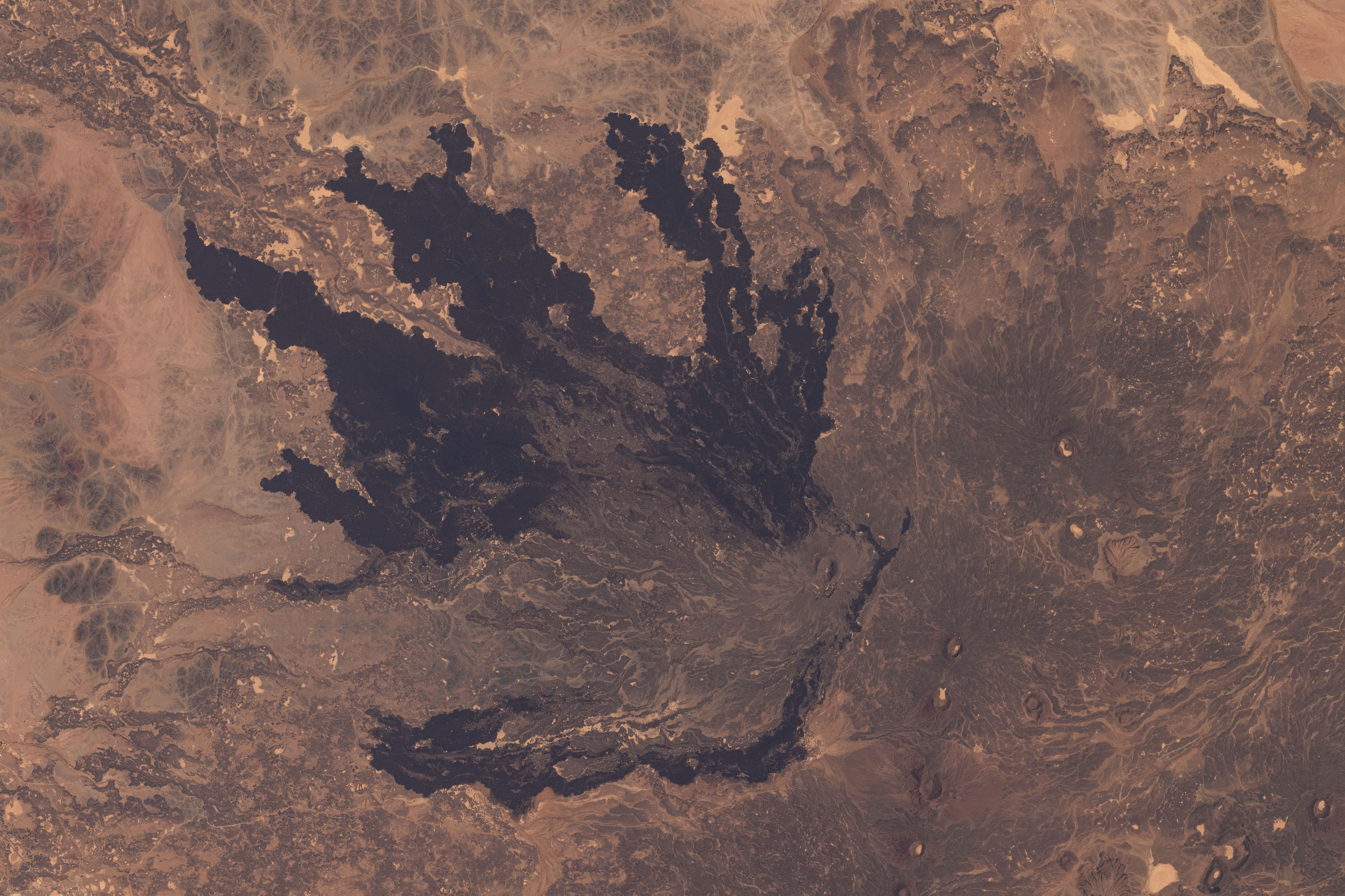 A lava field southeast of Medina, Saudi Arabia, is pictured from the International Space Station as it orbited 263 miles above the Arabian Peninsula.