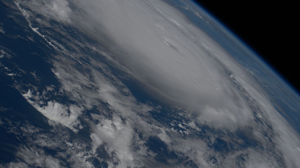 Hurricane Beryl was pictured east of Barbados as a Category 3 storm from the International Space Station as it orbited 263 miles above the Atlantic Ocean.