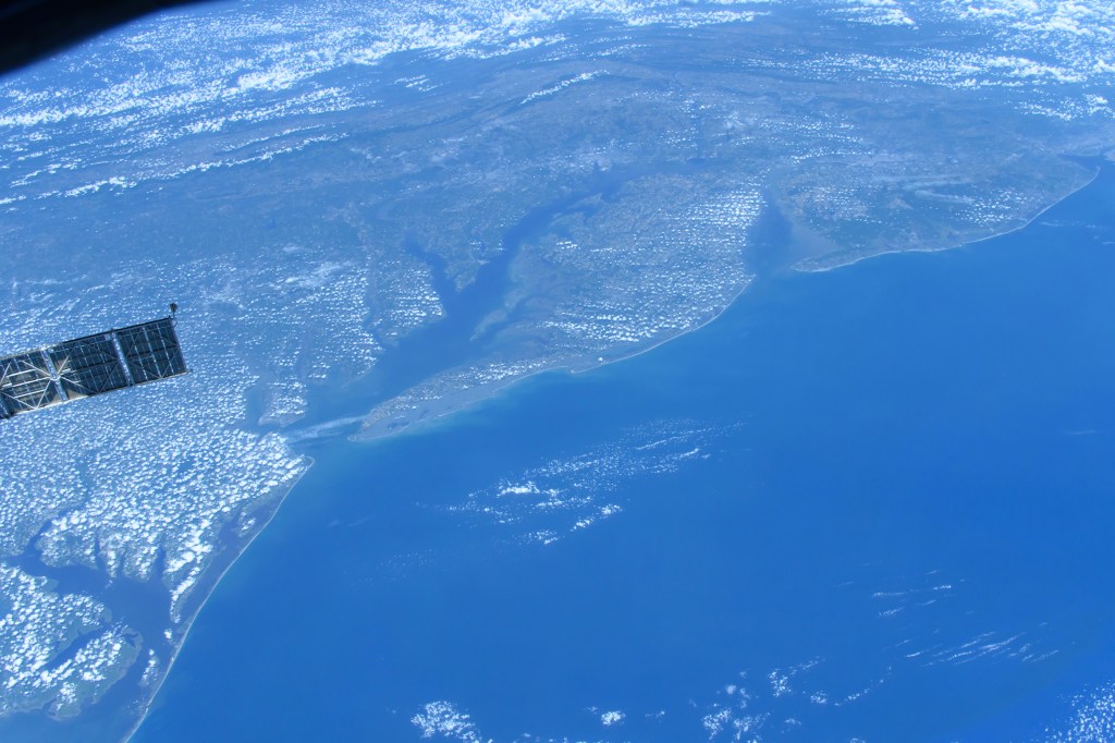 The east coast of the United States including North Carolina, Virginia, Maryland, Delaware, and New Jersey, is pictured from the International Space Station as it orbited 265 miles above the Atlantic Ocean.