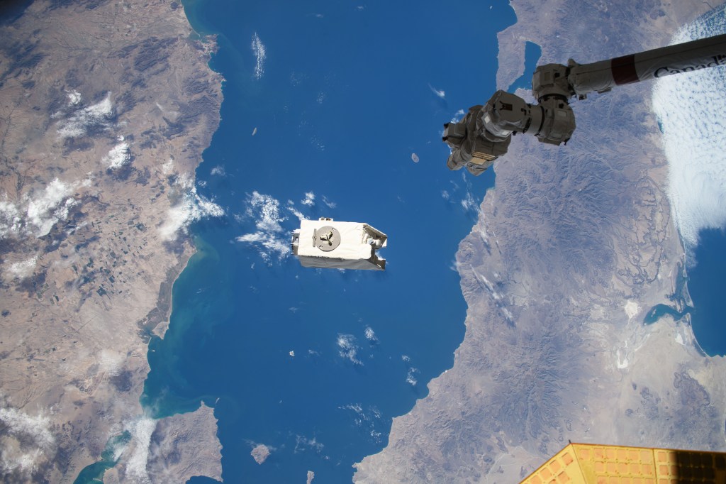 The International Space Station was orbiting 263 miles above the Gulf of California just after the Canadarm2 robotic arm jettisoned the ILLUMA-T laser communications experiment into Earth orbit following the completion of its science operations and its removal from the Kibo laboratory module. ILLUMA-T was delivered to the space station aboard the SpaceX Dragon cargo craft on Nov. 11, 2023 and installed on Kibo's external science pallet, or Exposed Facility, the following day.