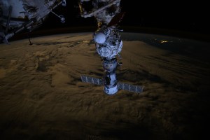 The Soyuz MS-25 crew ship is picture docked to the Prichal docking module as the International Space Station orbited 271 miles above the Tasman Sea off the coast of New Zealand.