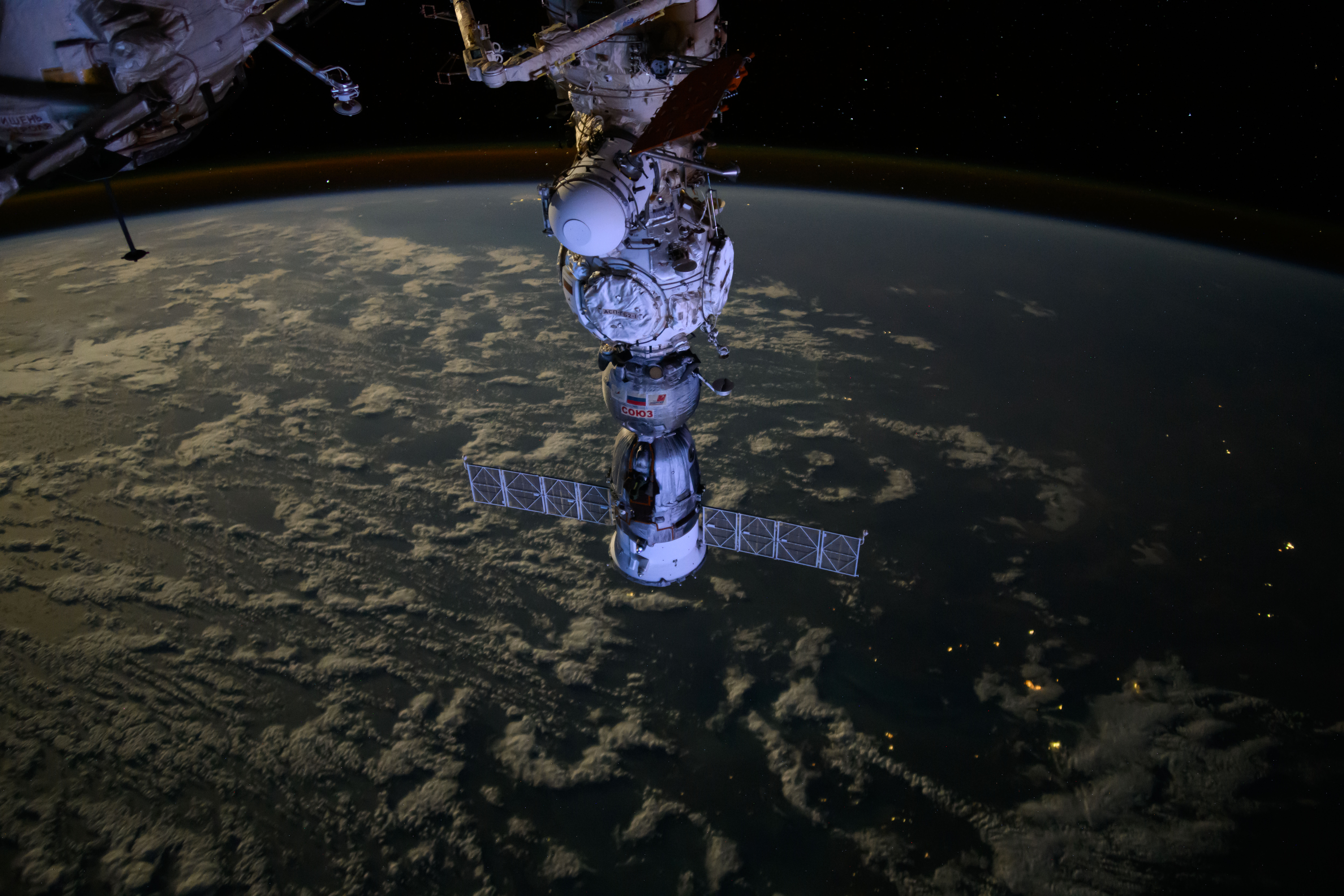 The Soyuz MS-25 crew ship is picture docked to the Prichal docking module as the International Space Station orbited 271 miles above the Bass Strait in between Australia's mainland province of Victoria and its island province of Tasmania.