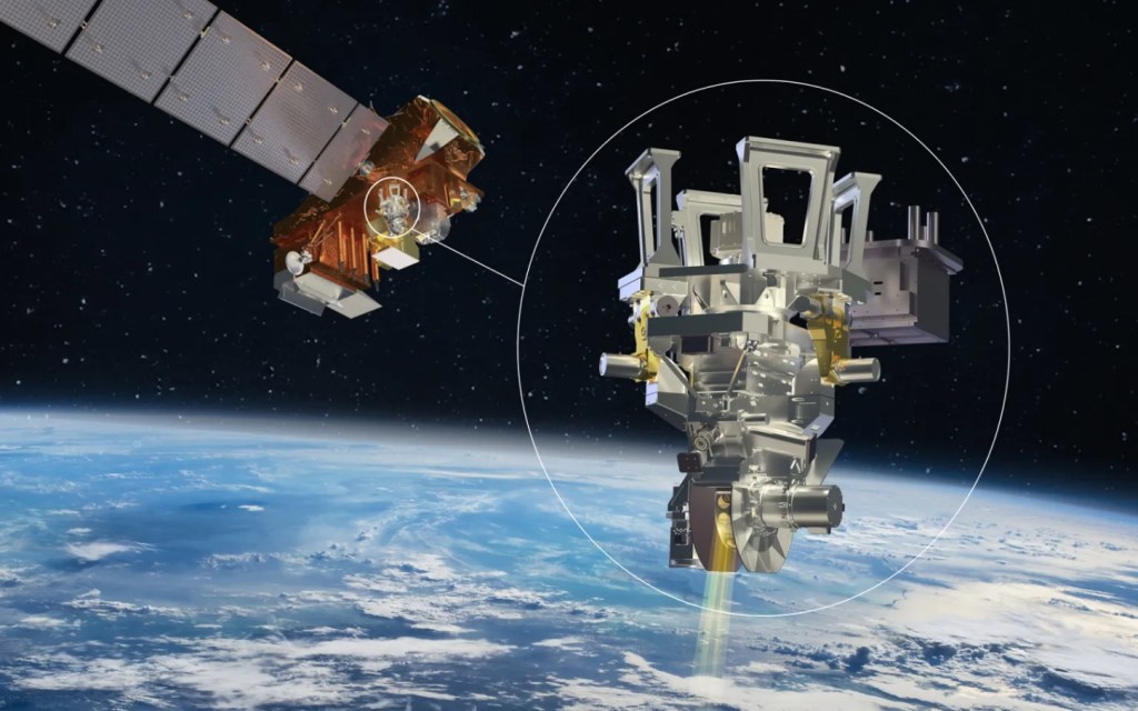 An image of a satellite orbiting above Earth, with a close up of one of the instruments that is aboard.