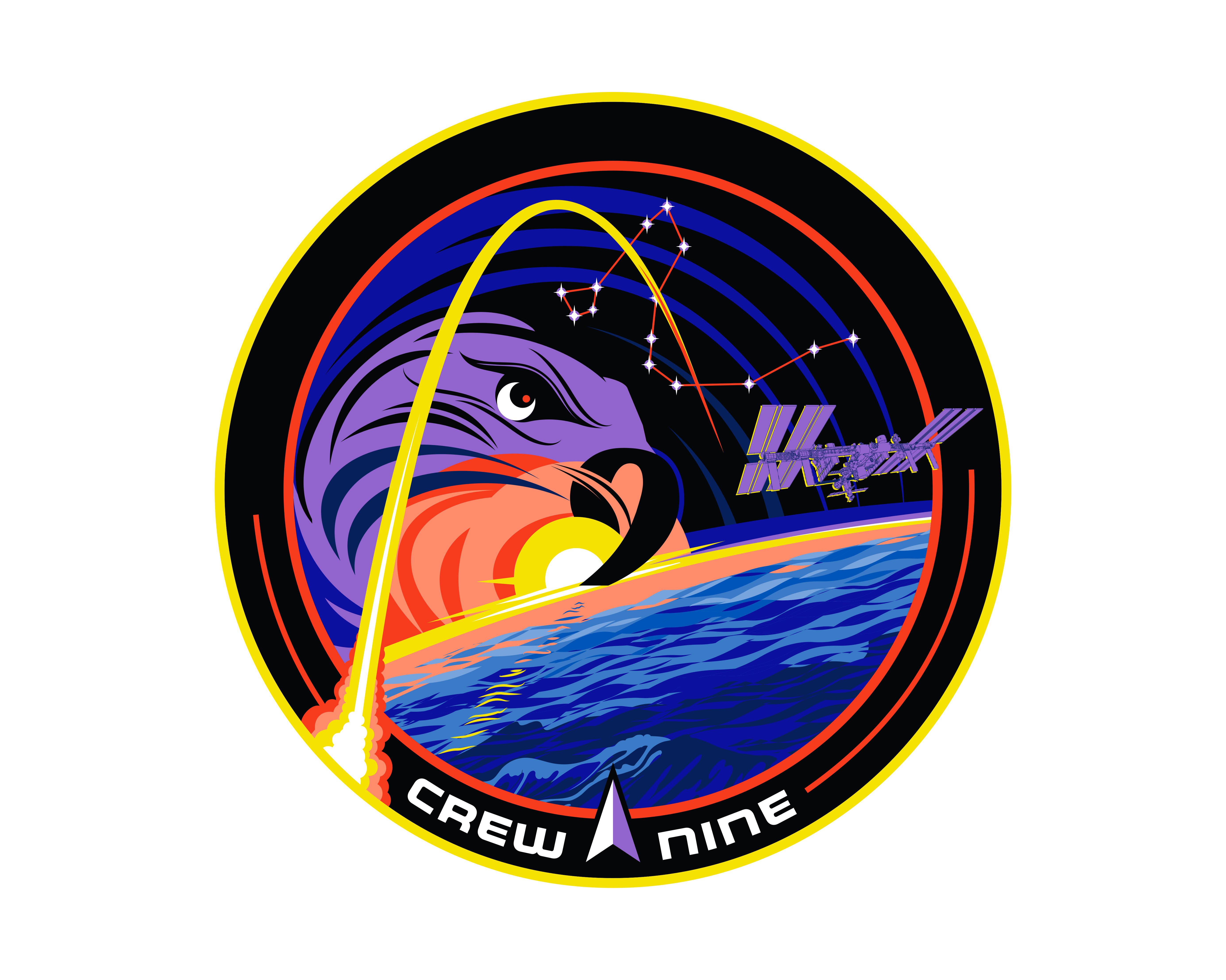 The Crew-9 mission patch depicts the trail of a rocket launching en route to the International Space Station, which will be home for a long-duratio...