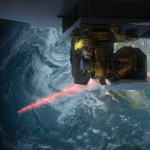 Pink beam of light showing laser communications from the International Space Station to Earth
