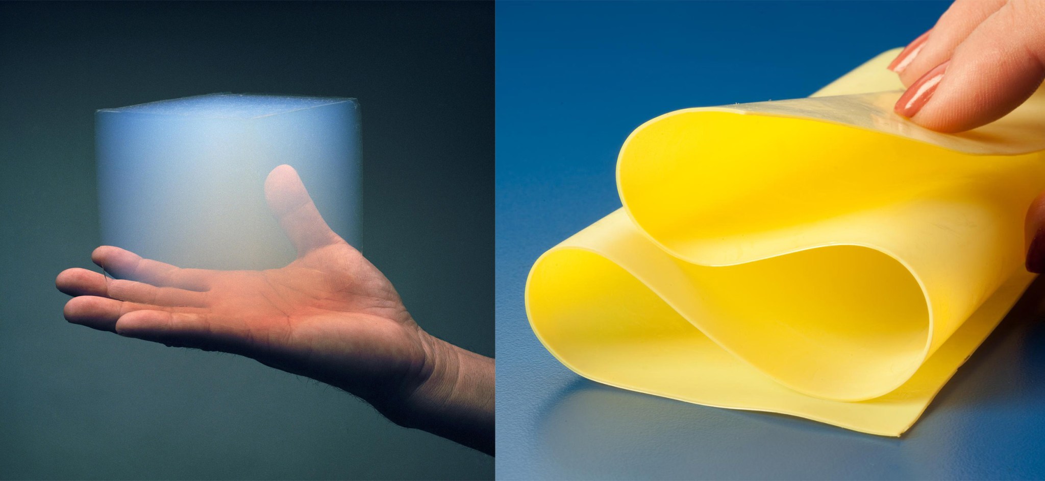 Two images in a collage: First, image of an aerogel, a translucent, Styrofoam-like material, could be used as a building material on Mars. Second: Polimide Aerogel Film