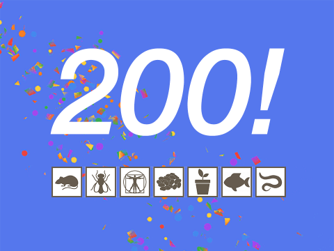 text saying '200!' with boxies of icons below of a mouse, fly, human, plant, micobe,