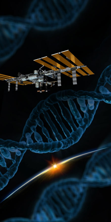 Image showing ISS and DNA in space.