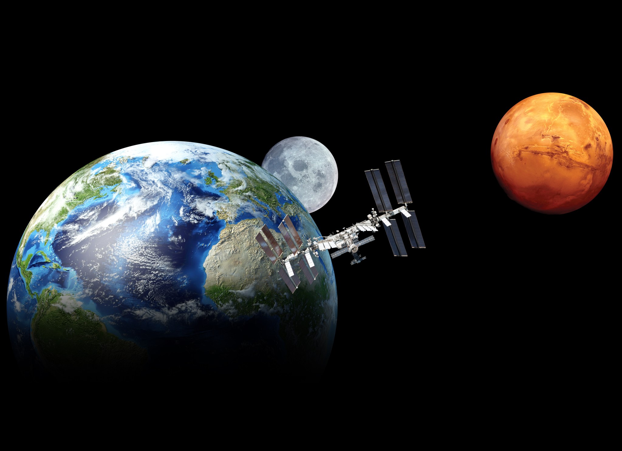 Spacecraft orbiting around Earth, the Moon, and Mars.