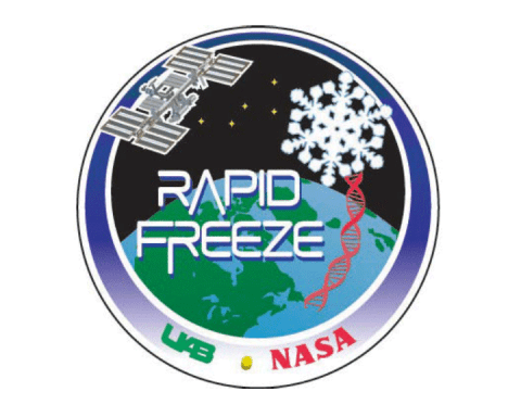 Rapid freeze logo with earth, a snowflake, and a string of DNA