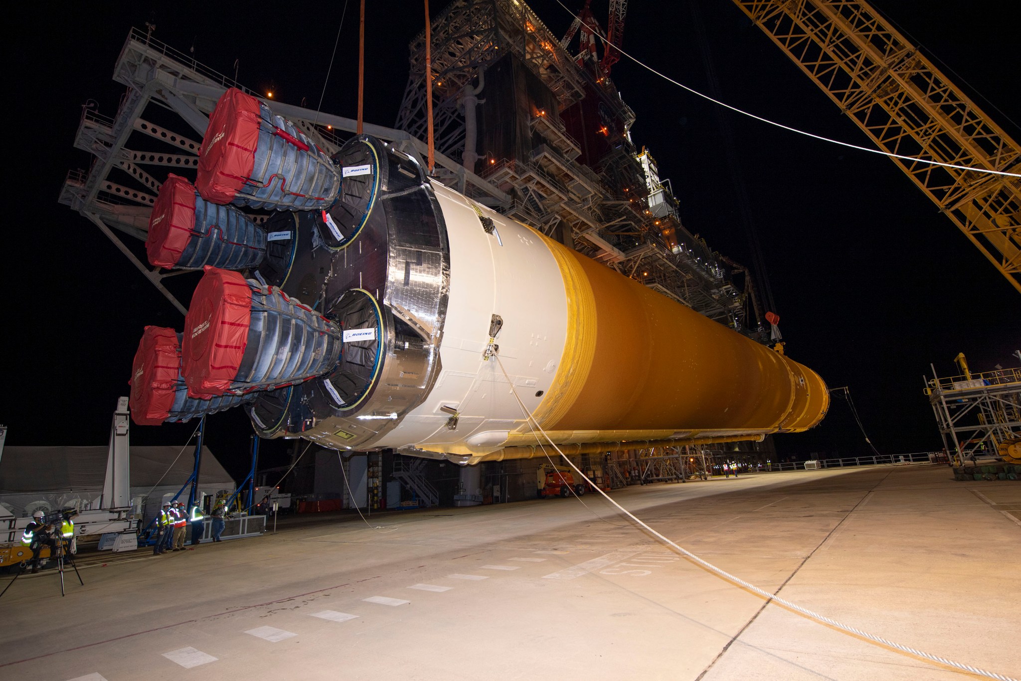 Artemis I core stage removal from B-2 test stand at Stennis following successful green run test.