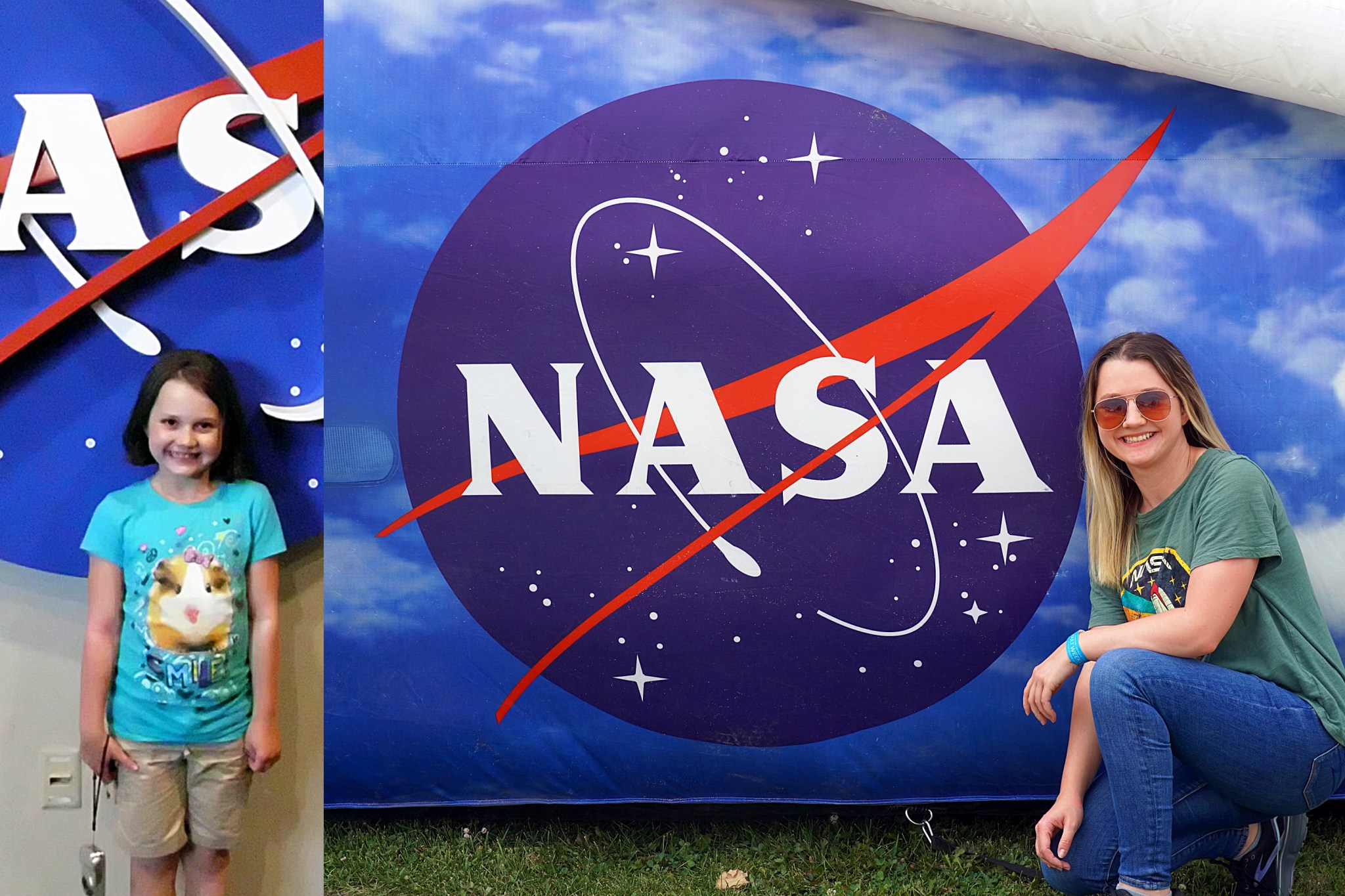 A composite image shows the same girl posing in front of a NASA logo. One is of her as a child, the other as a young adult.