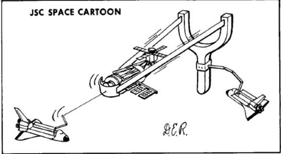 A more whimsical depiction of the Skylab reboost by the space shuttle, as drawn by a cartoonist at NASA’s Johnson Space Center in Houston