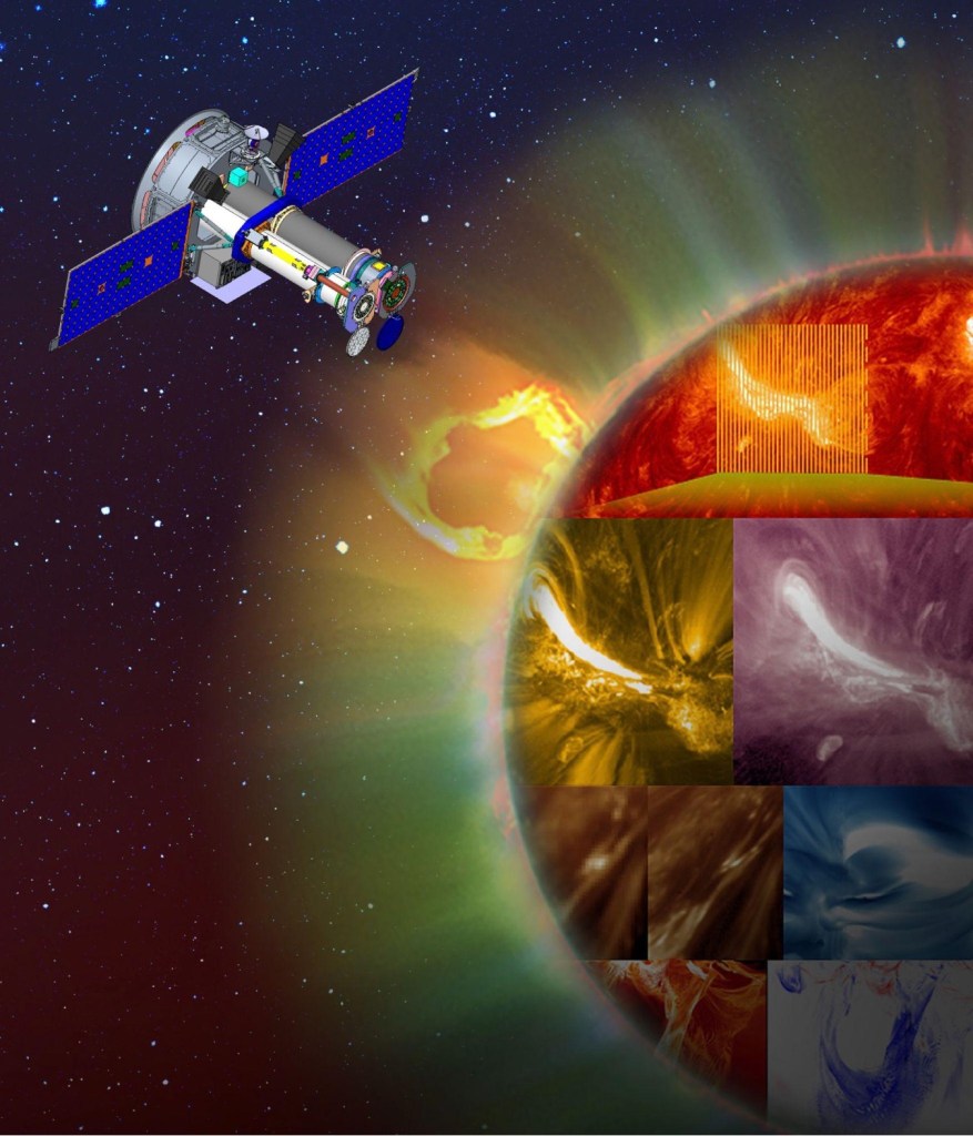 An illustration that shows the MUSE spacecraft on the top left. It is silver, a small cylinder on one side, that expands to a wider base. Protruding from the right and left are large blue panels. It is facing the Sun, shown in various patchwork wavelengths of UV light, including red, gold, purple, and blue.