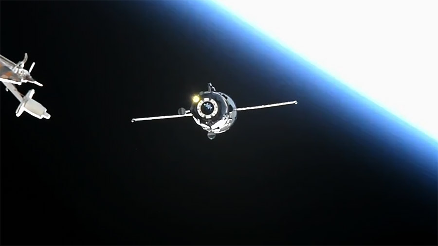 The Progress 89 cargo craft approaches the space station above the south Pacific Ocean for an automated docking to the Zvezda service module. Credit: NASA TV