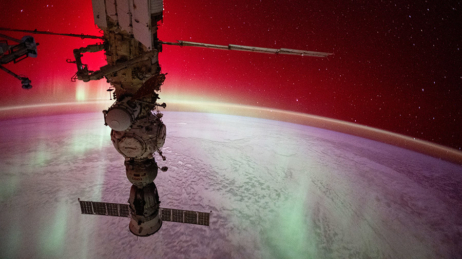 An aurora radiates brightly above the Indian Ocean as the International Space Station soared 270 miles above the Earth's surface.