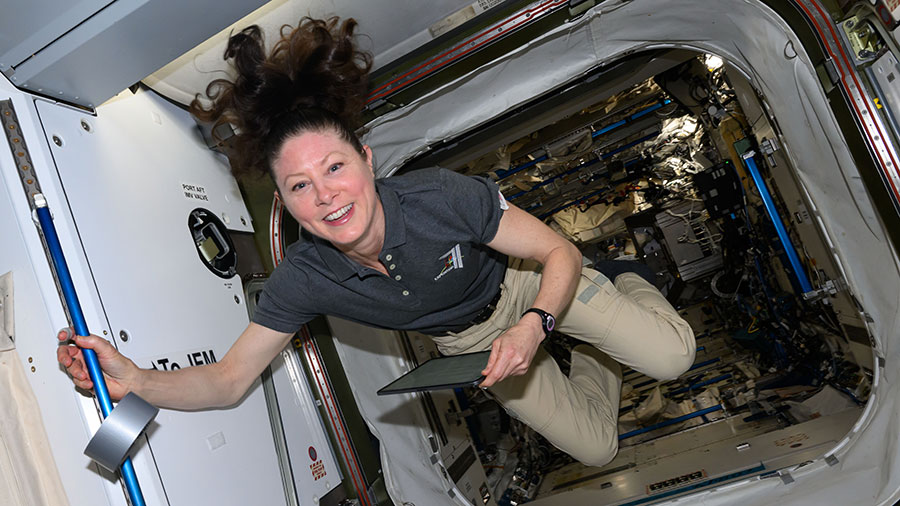 Astronaut Tracy C. Dyson smiles for a portrait in the vestibule between the Kibo laboratory module and the Harmony module.