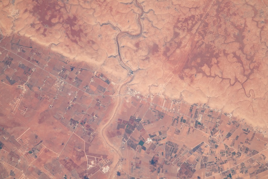 Wadi al Qattarah, containing an agricultural zone, grazing land, and a dam, is located southeast of Benghazi, Libya, in this photograph from the International Space Station as it orbited 263 miles above the Mediterranean Sea.