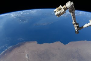 The Canadarm2 robotic arm's latching end effector, or LEE, is used to grapple fixtures on the International Space Station, as well as capture the approaching Cygnus cargo craft from Northrop Grumman and attach it to the Unity module for cargo transfer operations. 256 miles below the outpost is the Mediterranean coast of Libya and Egypt and the Greek island of Crete.