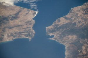 The Strait of Gibraltar separates Morocco (left) and Spain (right) while connecting the Atlantic Ocean to the Mediterranean Sea. The narrow strait spans only ~8 miles (~13 kilometers) between the two countries. As the International Space Station soared 258 miles above, NASA astronaut Matthew Dominick captured this photo.