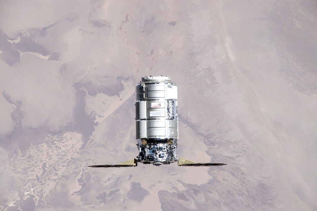Northrop Grumman's Cygnus cargo craft, carrying 8,200 pounds of science and supplies, approaches the International Space Station for a capture with the Canadarm2 robotic arm commanded by Expedition 71 Flight Engineer Matthew Dominick of NASA. The maneuver marked the 50th free-flying capture for the Canadarm2 robotic arm. The orbital outpost was soaring 262 miles above central Iran at the time of this photograph.