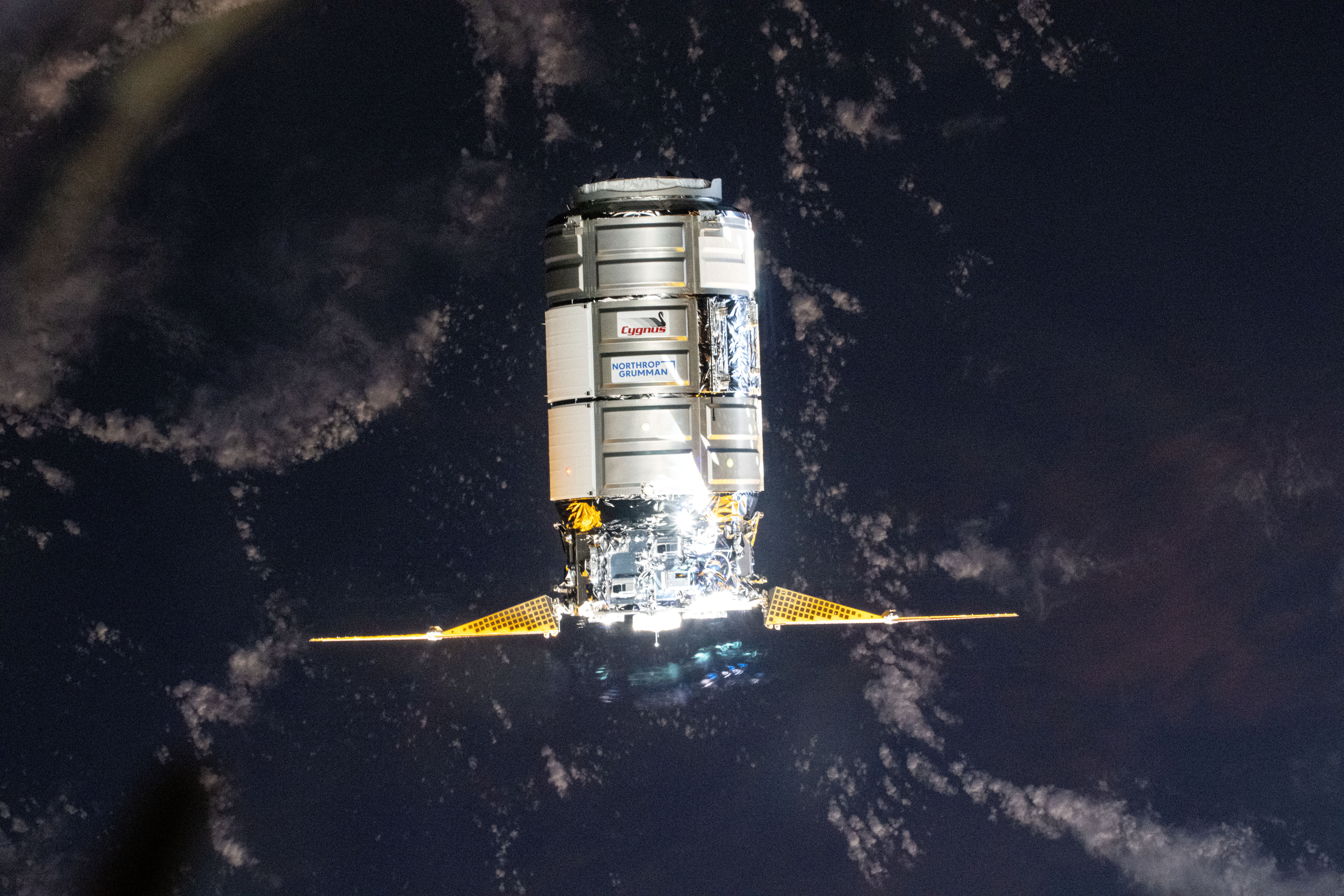 Grumman's Cygnus cargo craft, carrying 8,200 pounds of science and supplies, approaches the International Space Station for a capture with the Canadarm2 robotic arm commanded by Expedition 71 Flight Engineer Matthew Dominick of NASA. The maneuver marked the 50th free-flying capture for the Canadarm2 robotic arm.