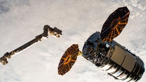 Northrop Grumman's Cygnus cargo craft, with its prominent cymbal-shaped UltraFlex solar arrays, is pictured awaiting its capture by the Canadarm2 robotic arm commanded by Expedition 71 Flight Engineer Matthew Dominick of NASA. The maneuver marked the 50th free-flying capture for the Canadarm2 robotic arm.