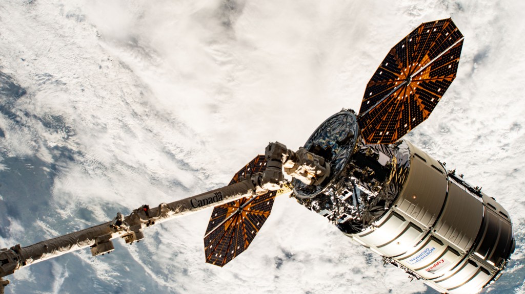 Northrop Grumman's Cygnus cargo craft, with its prominent cymbal-shaped UltraFlex solar arrays, is pictured in the grips of the Canadarm2 robotic arm shortly after its capture was commanded by Expedition 71 Flight Engineer Matthew Dominick of NASA. The maneuver marked the 50th free-flying capture for the Canadarm2 robotic arm.