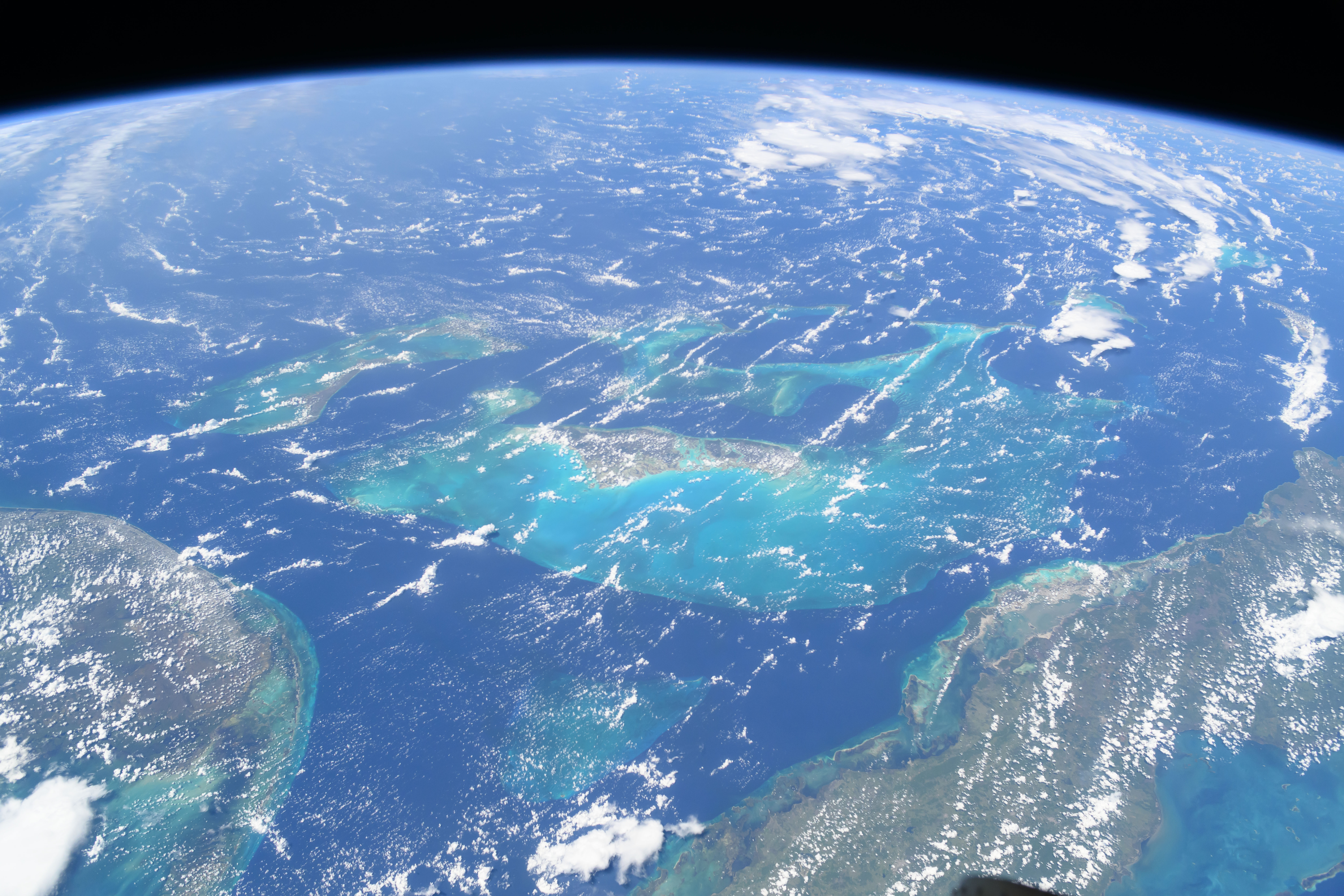 The clear blue waters surrounding The Bahamas in the Atlantic Ocean are pictured from the International Space Station as it soared 258 miles above.