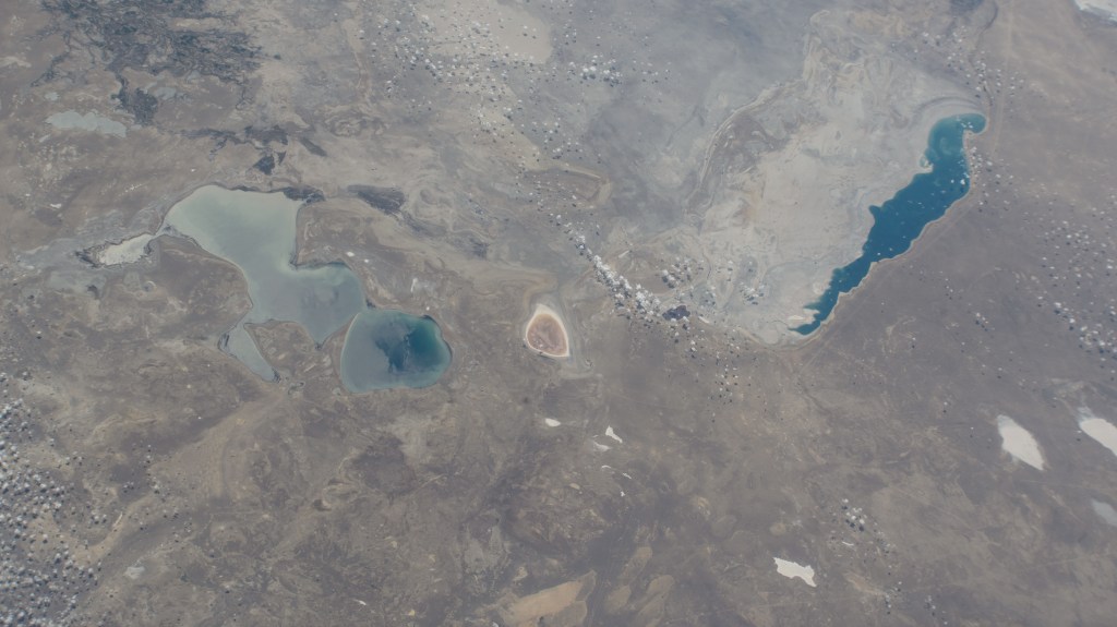 Barsakelmes Nature Reserve in the Aral Sea in Kazakhstan is pictured from the International Space Station as it orbited 263 miles above the Central Asian nation.
