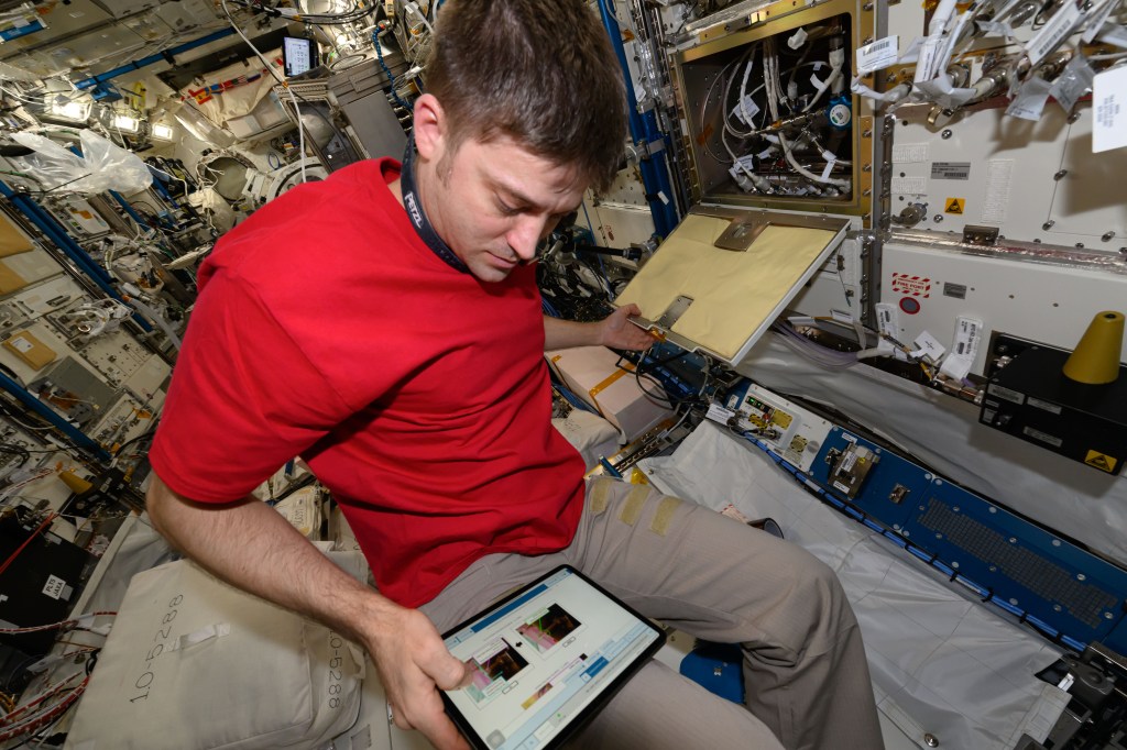 NASA astronaut and Expedition 71 Flight Engineer Matthew Dominick replaces research components inside the Electrostatic Levitation Furnace (ELF) located inside the International Space Station's Kibo laboratory module. The ELF supports safe observations of microgravity’s effect on materials exposed to high temperatures.