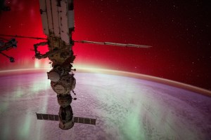 An aurora radiates brightly above the Indian Ocean in this photograph from the International Space Station as it soared 270 miles above the Earth's surface and about 1,280 miles southwest of Perth, Australia. In the foreground, is the Soyuz MS-25 crew ship docked to the Prichal docking module which is itself attached to the Nauka science module. The European robotic arm is also connected to Nauka.