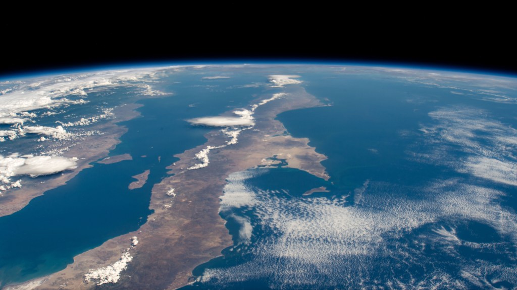 The Mexican states of Baja California and Baja California Sur are in between the Pacific Ocean and the Gulf of California in this photograph from the International Space Station as it orbited 259 miles above the Pacific off the coast of Los Angeles, California.