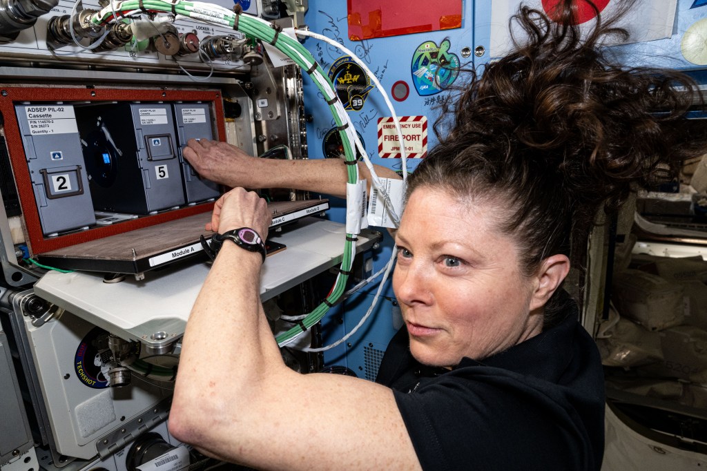NASA astronaut and Expedition 71 Flight Engineer Tracy C. Dyson swaps out sample processors for the Pharmaceutical In-space Laboratory experiment that is exploring the production and manufacturing of medicines to benefit astronauts in space and humans on Earth. The processors were installed in the Advanced Space Experiment Processor, or ADSEP, that can process a variety of research samples and be delivered to the International Space Station and returned to Earth aboard the SpaceX Dragon cargo craft.