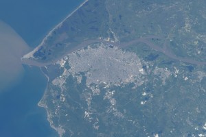 The seaport of Barranquilla, Colombia, on the Magdalena River that leads into the Carribean Sea, is pictured from the International Space Station as it orbited 257 miles above the South American nation.