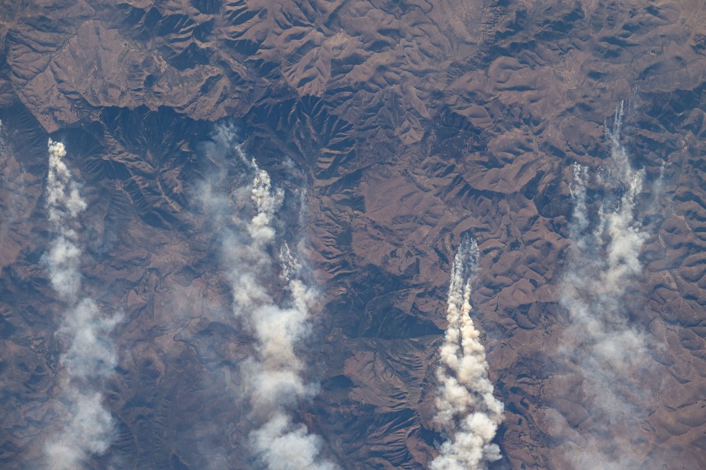 Wildfires in South Africa's Great Escarpment near the coast of the Indian Ocean are pictured from the International Space Station as it orbited 263 miles above.