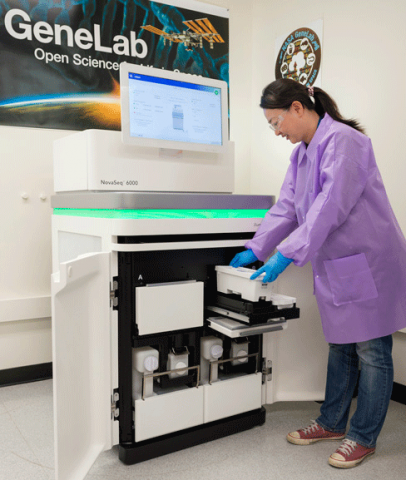 woman in lab coat, gloves, and protective goggles filling the the