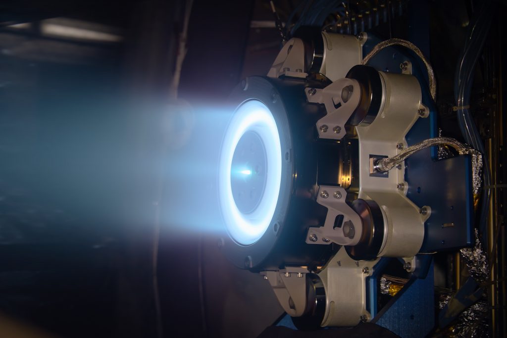 In this image, PPE engineers successfully tested the integration of Aerojet Rocketdyne’s thruster with Maxar’s power procession unit and Xenon Flow Controller.
