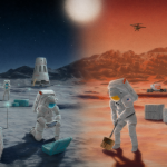 This image — developed by a team of artists from the Advanced Concepts Lab at NASA’s Langley Research Center — features astronauts performing science on the surface of the Moon and Mars. The team developed the image with a blend of digital 2D illustration and 3D techniques to mimic a retro science fiction painting.