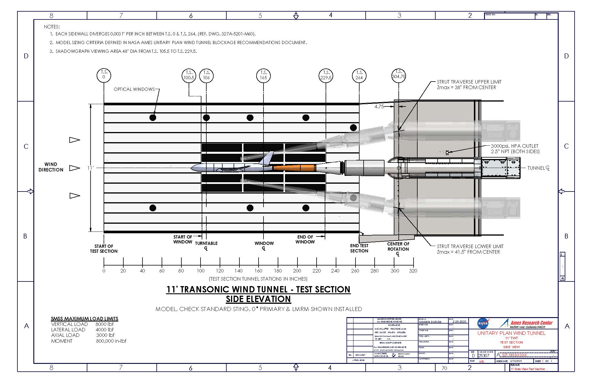 NASA Ames Unitary Plan Wind Tunnel 11-by 11-foot Transonic Wind Tunnel Test Section Dimensions Side Elevation View drawing.