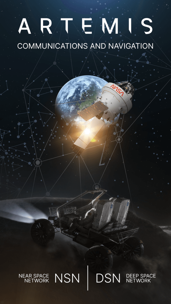 Artemis Communications and Navigation Poster with Earth in background and Rover in foreground