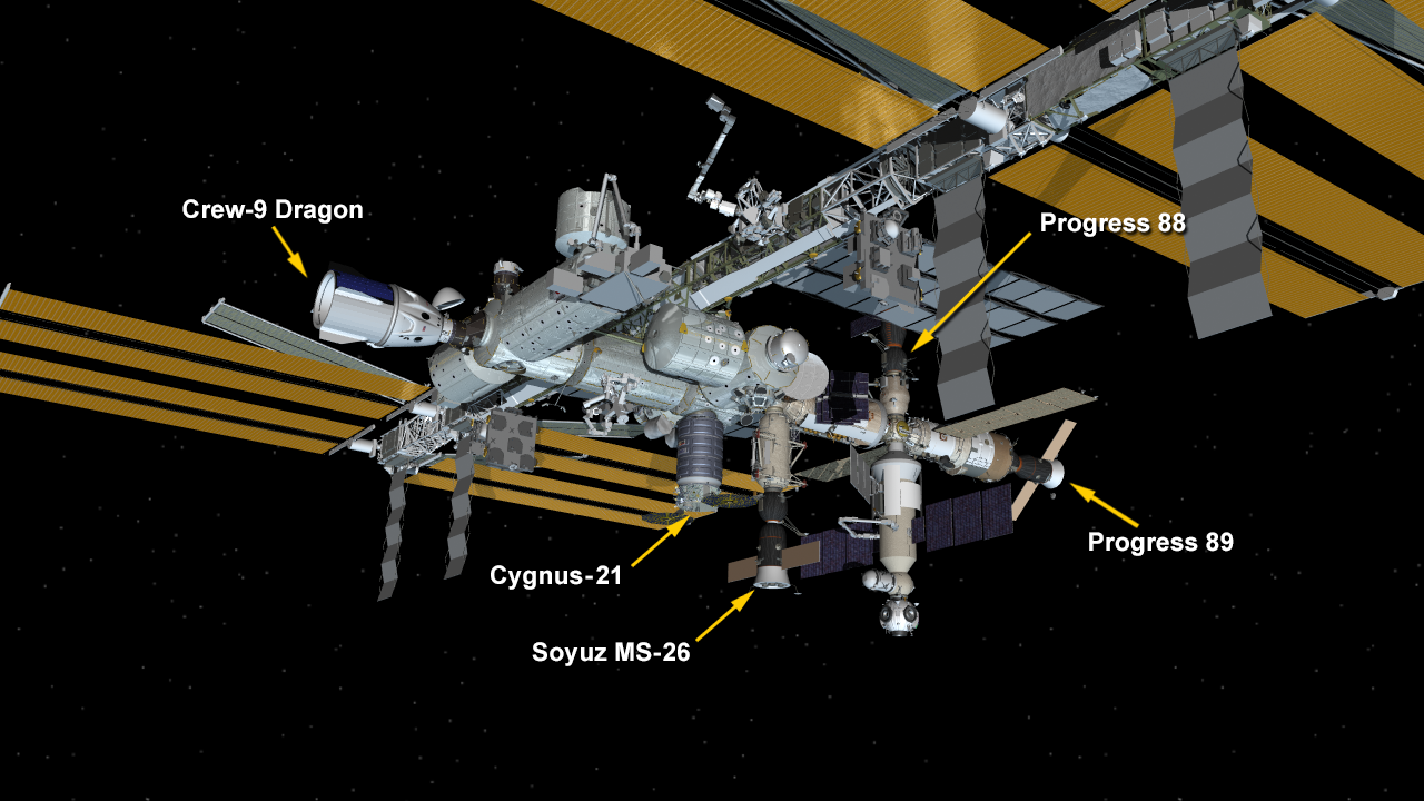 Oct. 23, 2024: International Space Station Configuration. Five spaceships are parked at the space station including the SpaceX Dragon Freedom, the Northrop Grumman resupply ship, the Soyuz MS-26 crew ship, and the Progress 88 and 89 resupply ships.