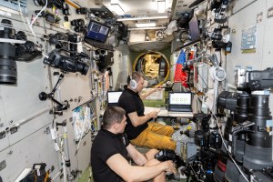 Roscosmos cosmonauts Nikolai Chub (foreground) and Oleg Kononenko, Expedition 71 Flight Engineer and Commander respectively, are at the controls of the telerobotically operated rendezvous unit, or TORU, monitoring the automated rendezvous and docking of the Progress 89 cargo craft. Located inside the International Space Station's Zvezda service module, the TORU can be used to remotely control the Roscosmos spaceship in the unlikely event it would be unable to complete its automated docking.